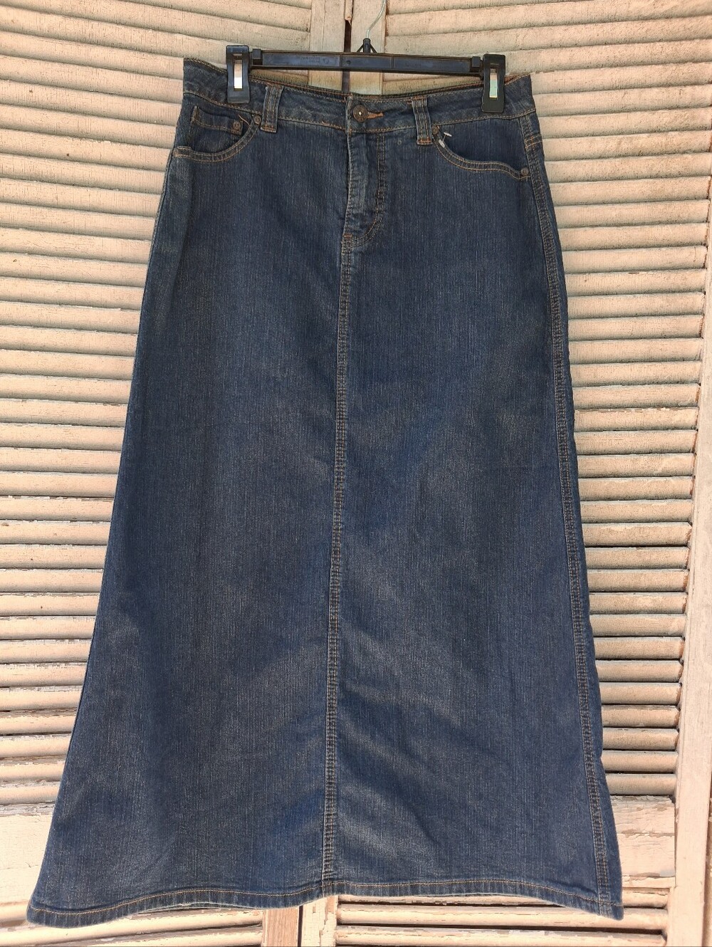 Cato Women's Denim Maxi Skirt Size 8 Blue A-Line Back Slit Jean Skirt
